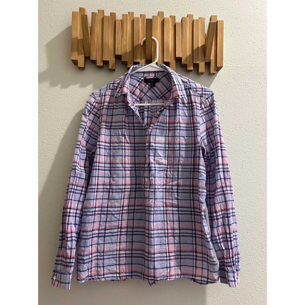 J. Crew Plaid Long Sleeve Button Down Shirt Women Size 4 Pink Blue‎